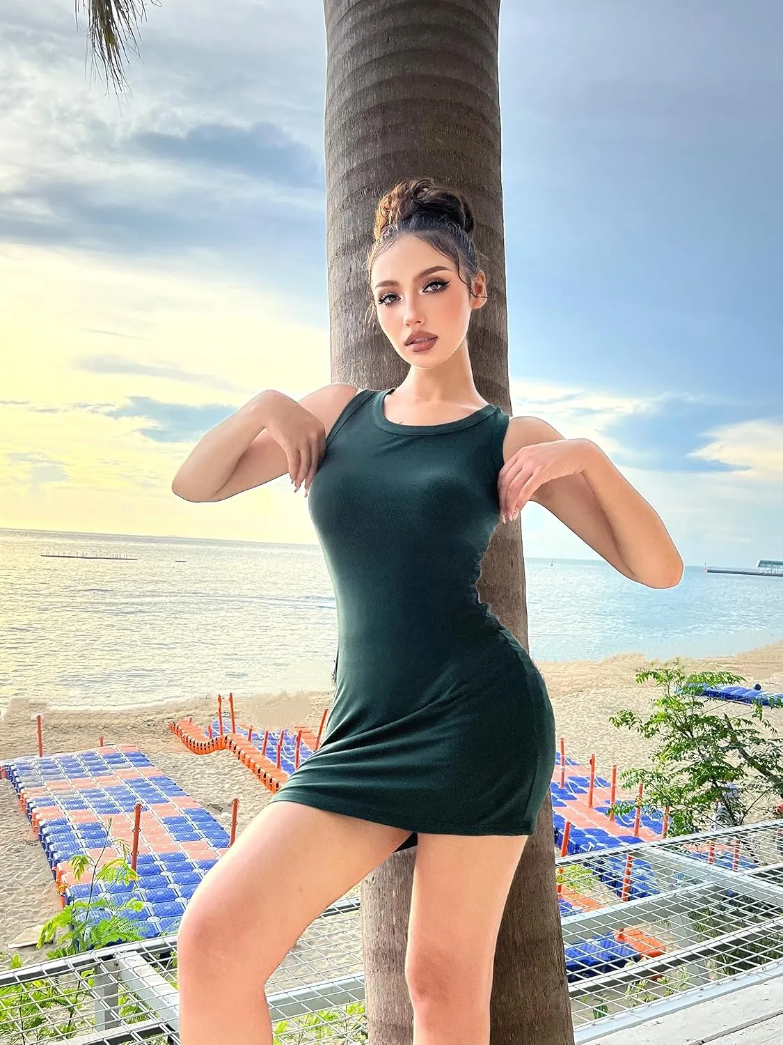 3 Piece Womens Summer Ribbed Tank Dress Scoop Neck Sleeveless Tank Top Dresses Basic Bodycon Mini Dress