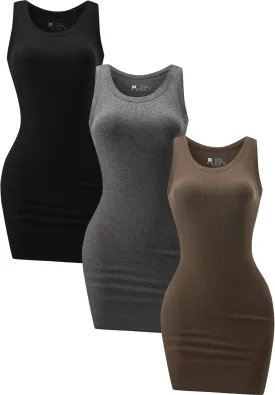 3 Piece Womens Summer Ribbed Tank Dress Scoop Neck Sleeveless Tank Top Dresses Basic Bodycon Mini Dress