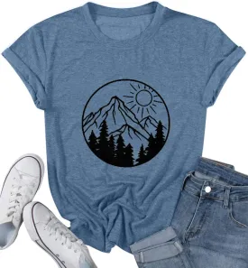 Adventure Awaits Shirts for Women Cute Sunrise Eagle Graphic Hiking T Shirts Outdoor Casual Short Sleeve Wildflower Tops