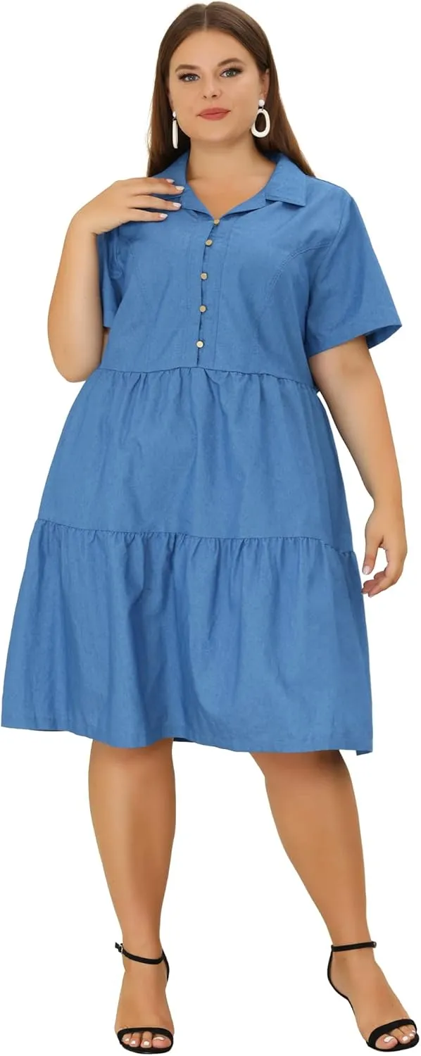 Agnes Orinda Plus Size Chambray Dress for Women Short Sleeve Button Down Flowy Tiered Shirt Dresses