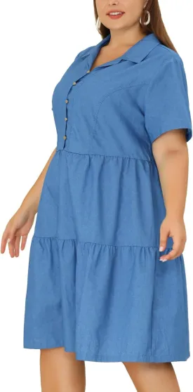Agnes Orinda Plus Size Chambray Dress for Women Short Sleeve Button Down Flowy Tiered Shirt Dresses