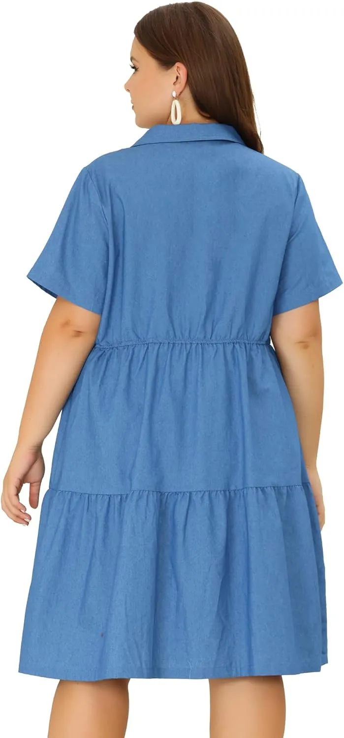 Agnes Orinda Plus Size Chambray Dress for Women Short Sleeve Button Down Flowy Tiered Shirt Dresses