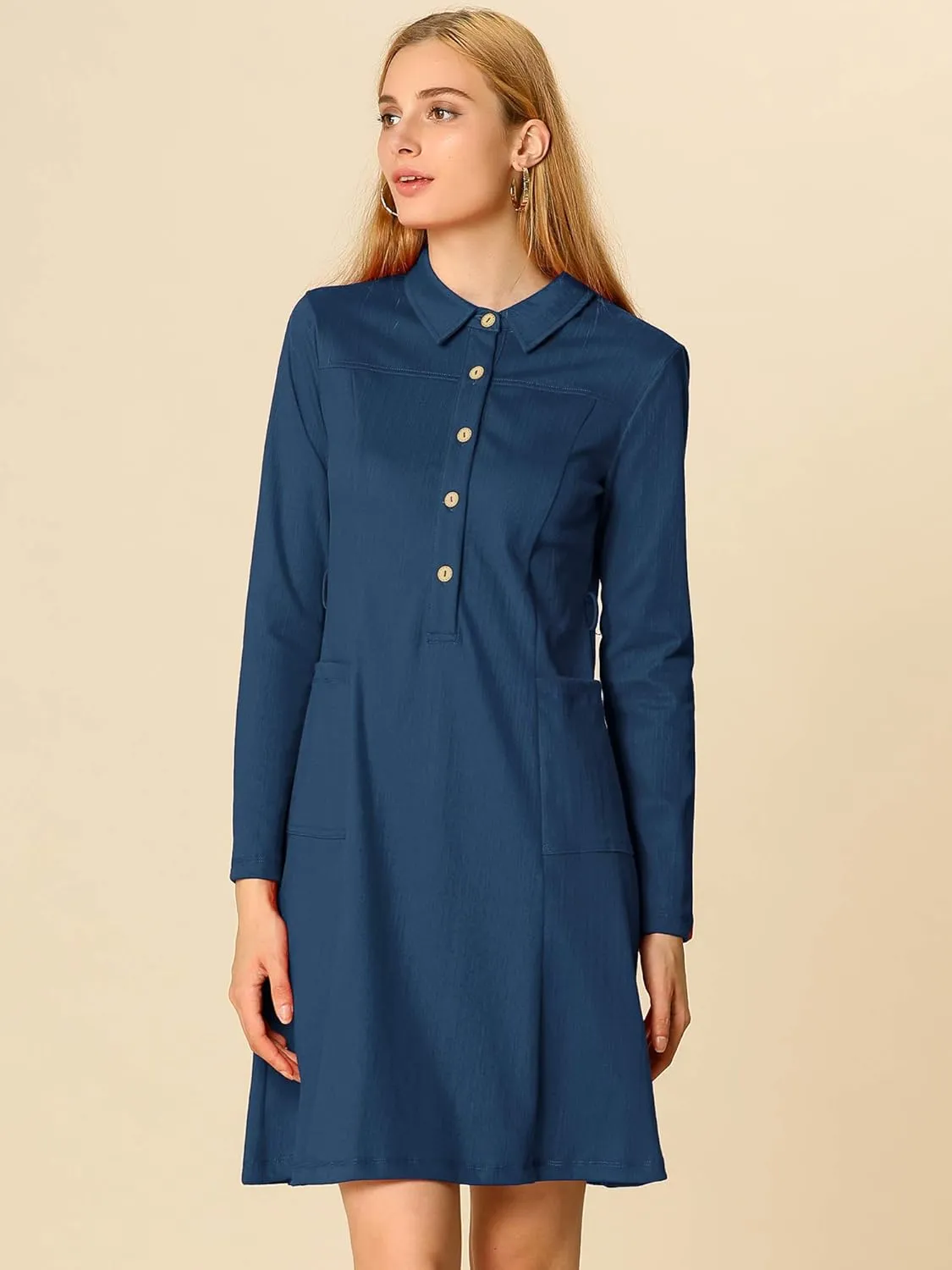 Allegra K Women's Chambray Dress Half Placket Long Sleeve Belted Casual Safari Dress