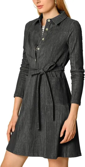 Allegra K Women's Chambray Dress Half Placket Long Sleeve Belted Casual Safari Dress