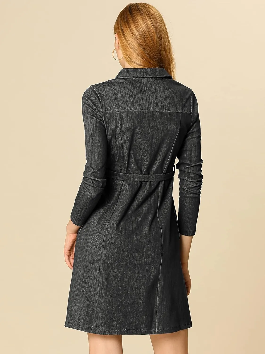Allegra K Women's Chambray Dress Half Placket Long Sleeve Belted Casual Safari Dress