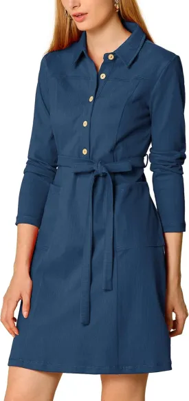 Allegra K Women's Chambray Dress Half Placket Long Sleeve Belted Casual Safari Dress