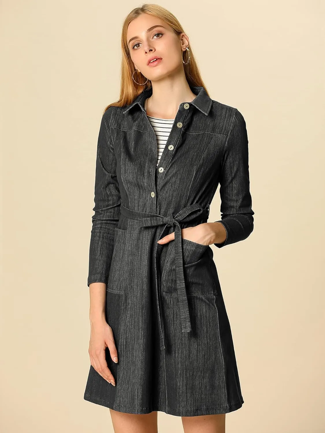 Allegra K Women's Chambray Dress Half Placket Long Sleeve Belted Casual Safari Dress