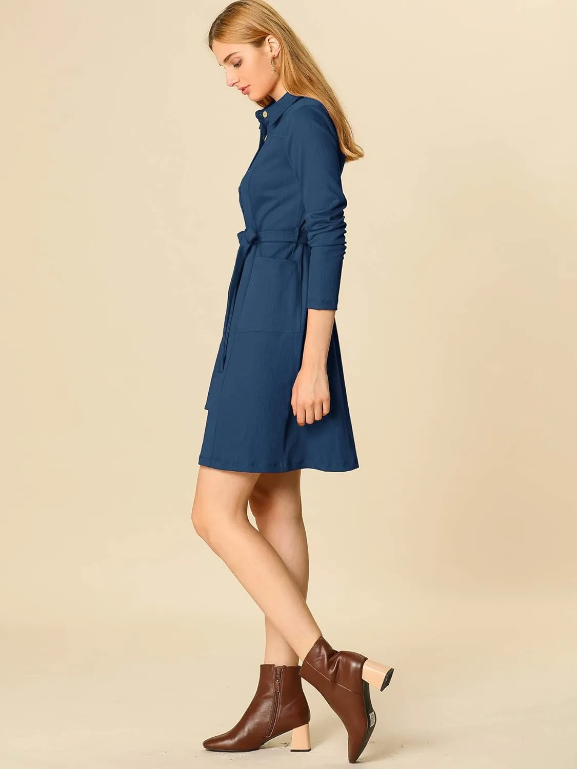 Allegra K Women's Chambray Dress Half Placket Long Sleeve Belted Casual Safari Dress