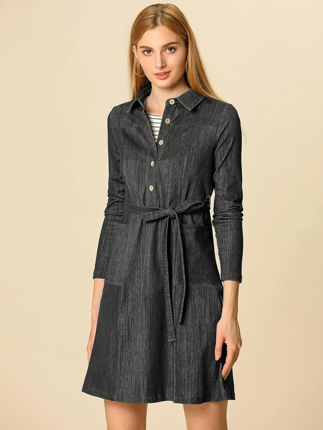 Allegra K Women's Chambray Dress Half Placket Long Sleeve Belted Casual Safari Dress