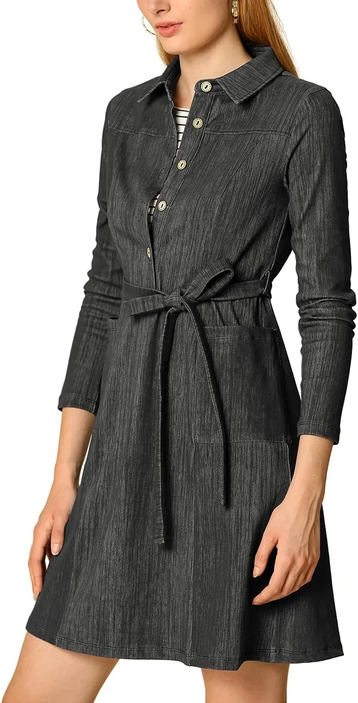Allegra K Women's Chambray Dress Half Placket Long Sleeve Belted Casual Safari Dress