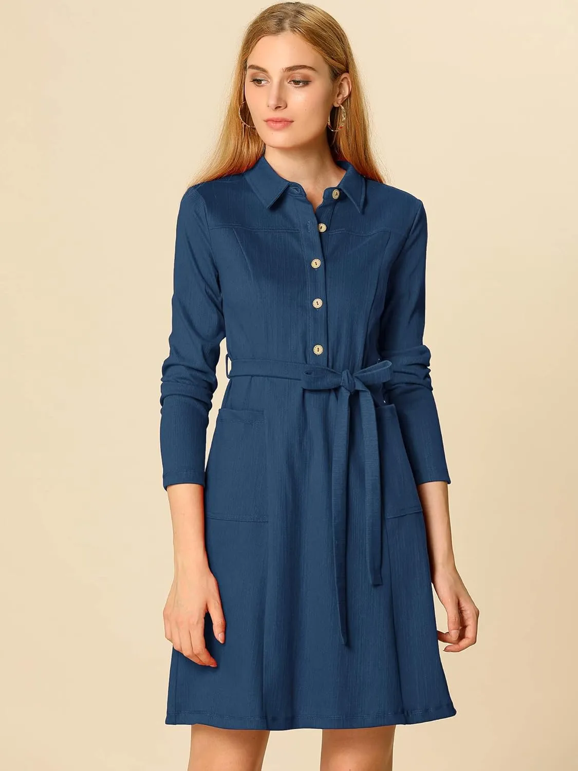 Allegra K Women's Chambray Dress Half Placket Long Sleeve Belted Casual Safari Dress