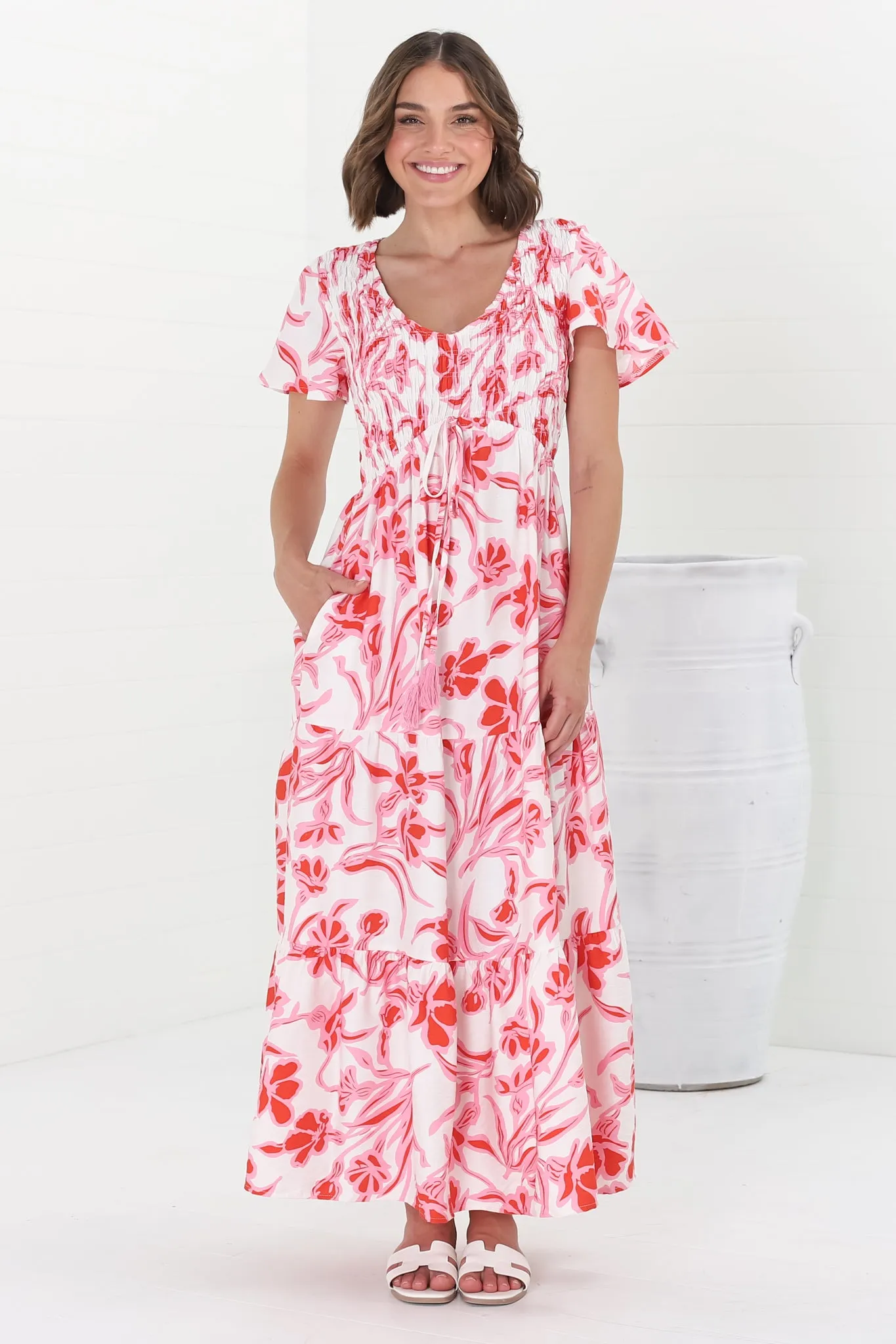 Amaya Midi Dress - Shirred Cap Sleeve A Line Dress in Braley Print Pink
