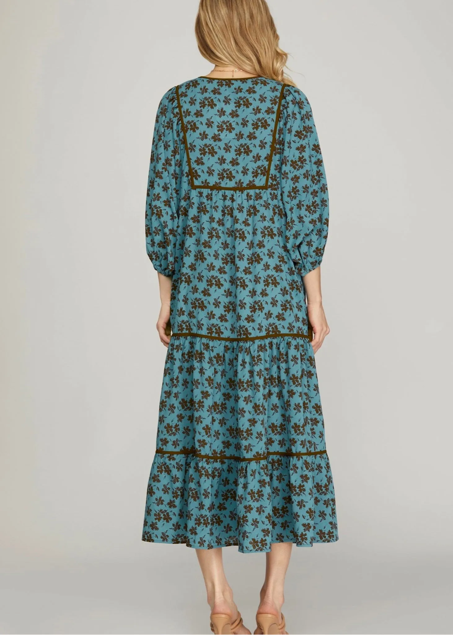 Amelia, Women’s Tiered Midi dress, Balloon Sleeves,Teal