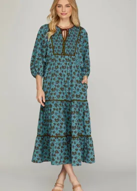Amelia, Women’s Tiered Midi dress, Balloon Sleeves,Teal