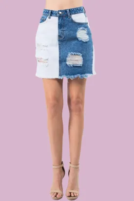 American Bazi Contrast Patched Frayed Denim Distressed Skirts