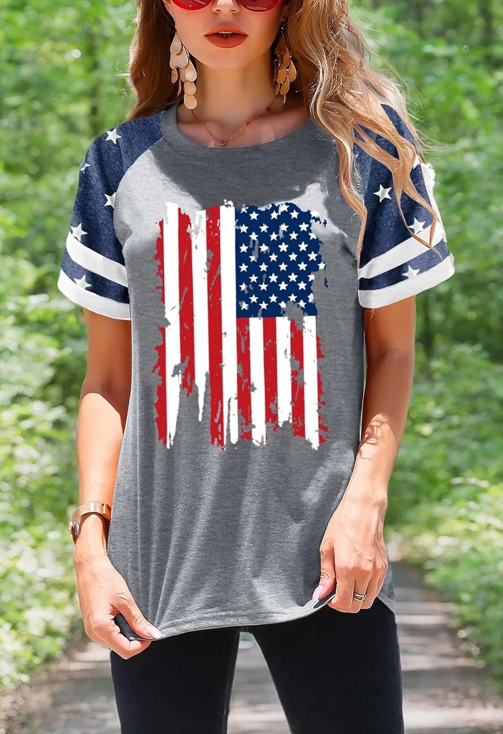 American Flag Shirt Women 4th of July Shirts USA Flag Graphic Patriotic Tshirt Raglan Color Block Tops