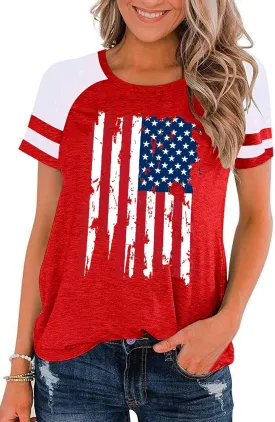 American Flag Shirt Women 4th of July Shirts USA Flag Graphic Patriotic Tshirt Raglan Color Block Tops