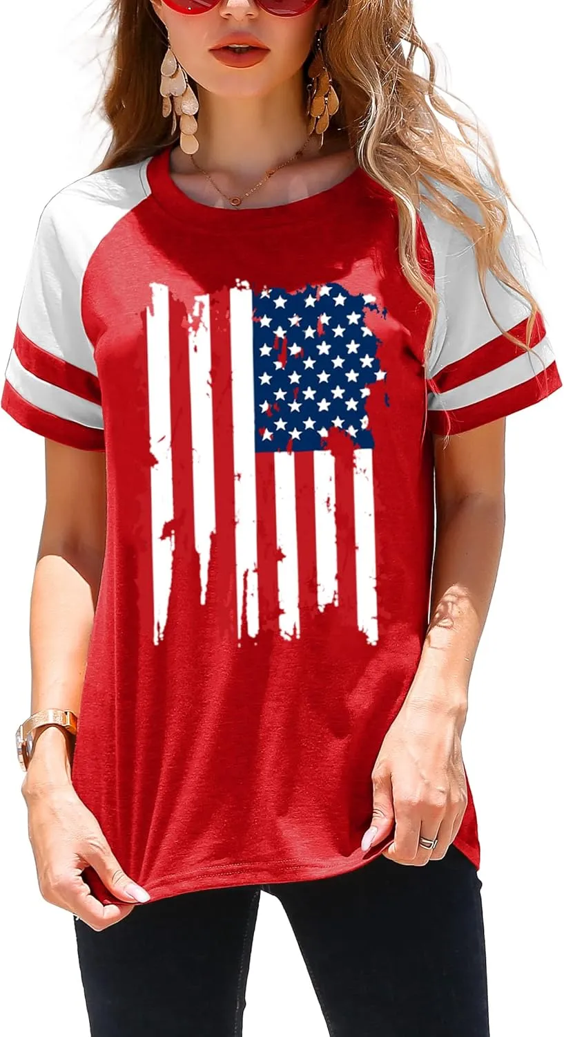 American Flag Shirt Women 4th of July Shirts USA Flag Graphic Patriotic Tshirt Raglan Color Block Tops