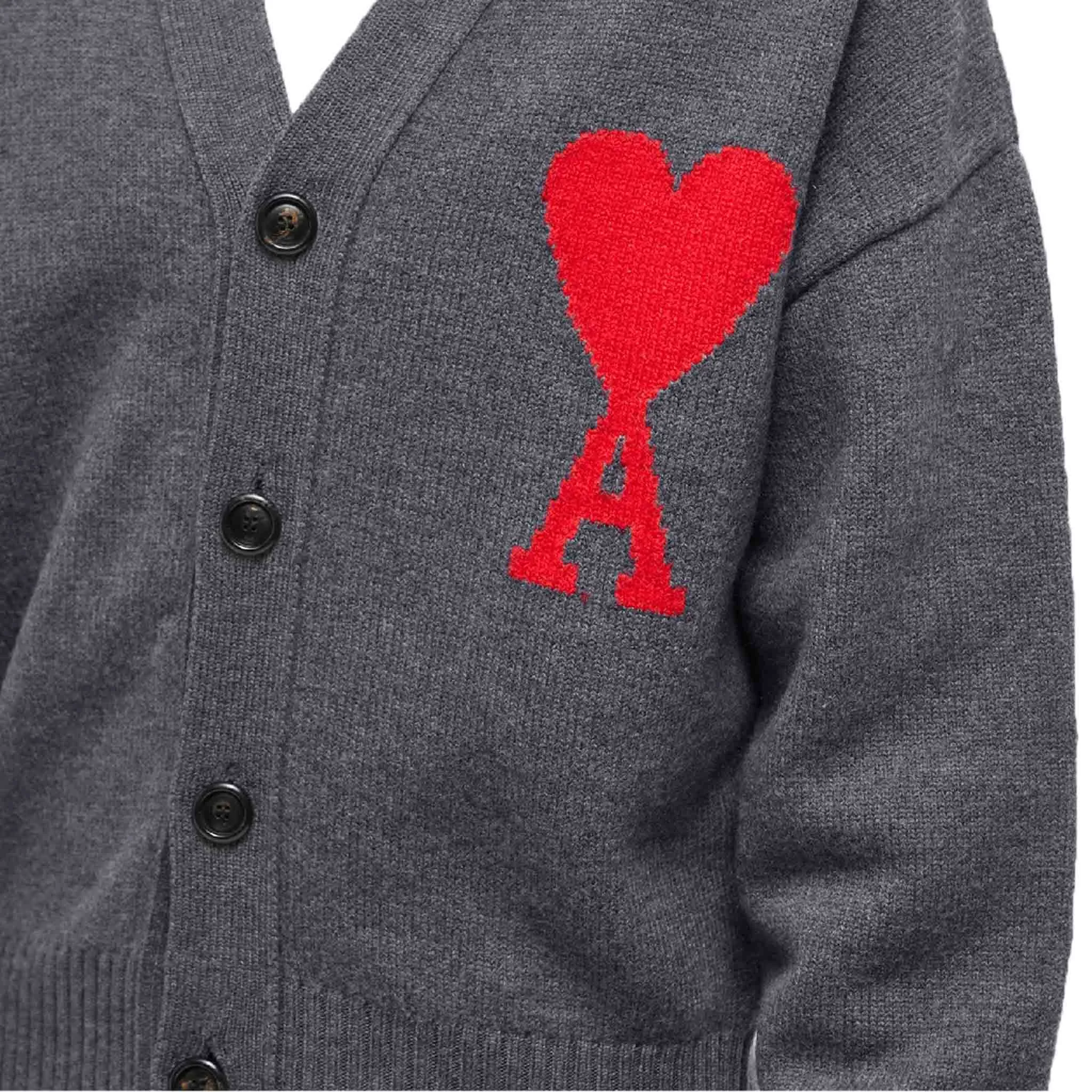 Ami Paris De Coer Large Heart Knitted Cardigan in Heather Grey
