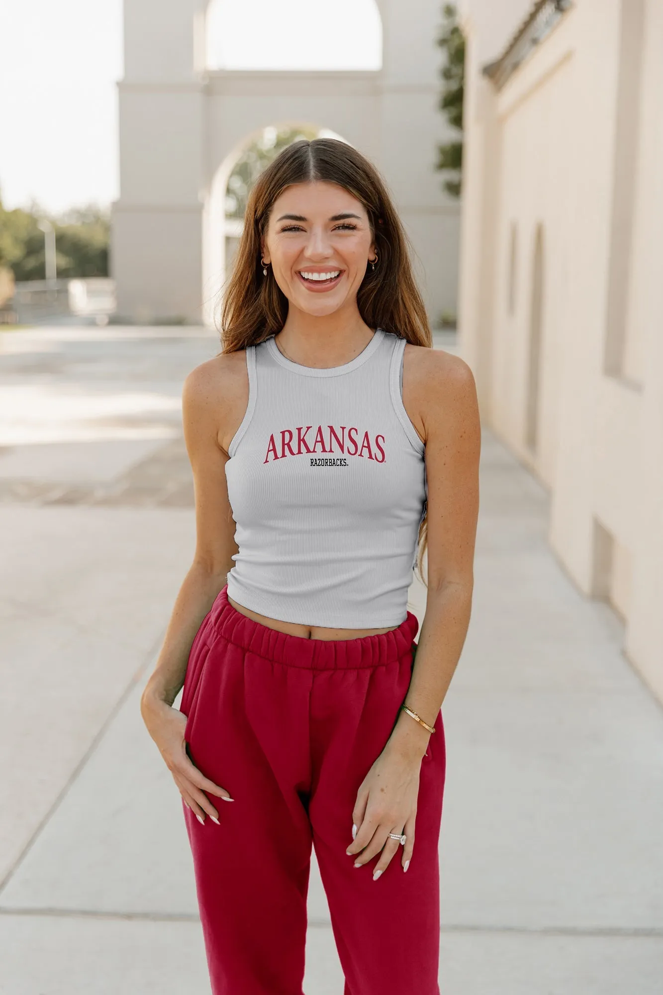 ARKANSAS RAZORBACKS PLAY THE FIELD ESSENTIAL RIBBED CROP TANK BY MADI PREWETT TROUTT