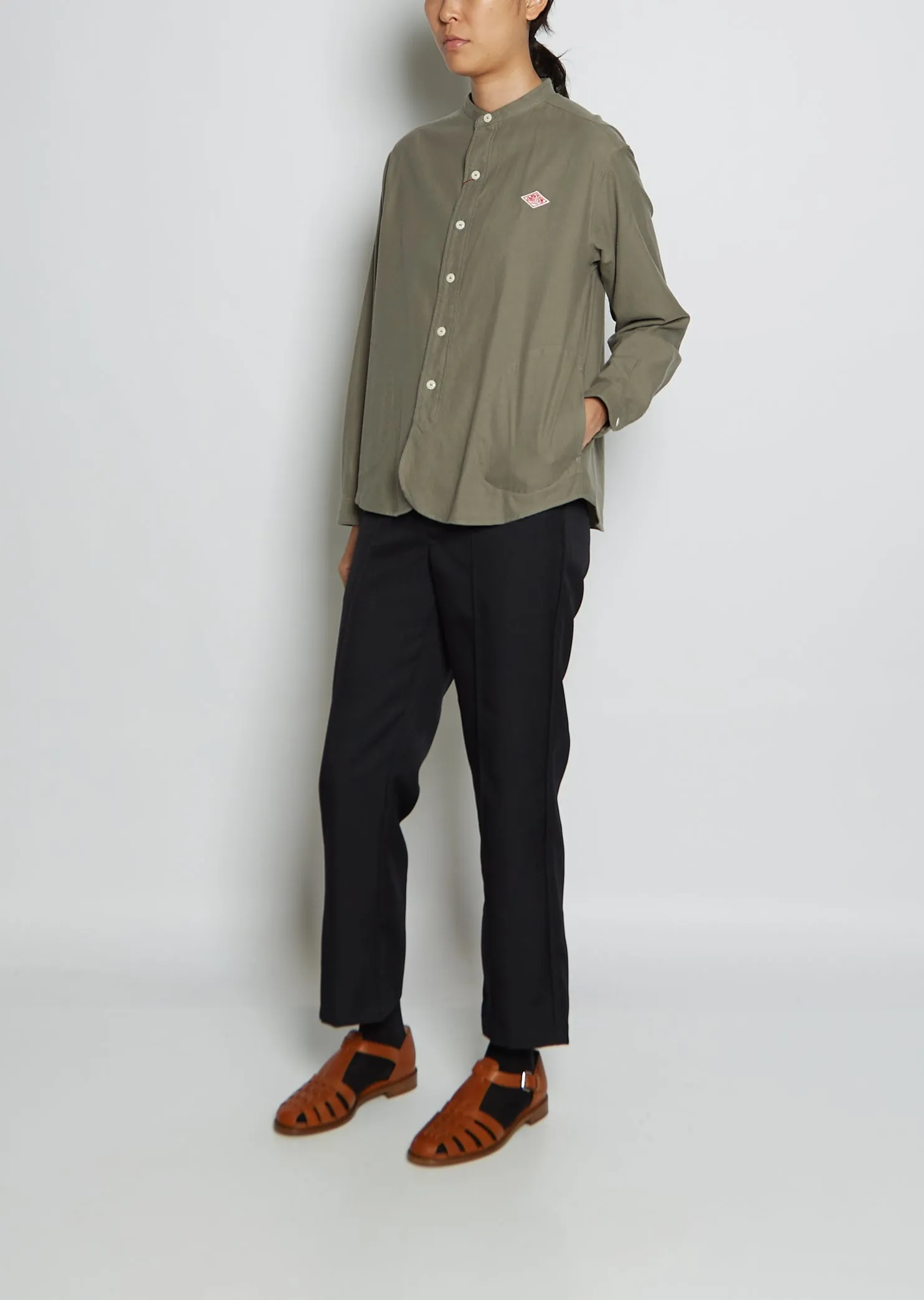 Band Collar Cotton Twill Shirt — Olive Chambray