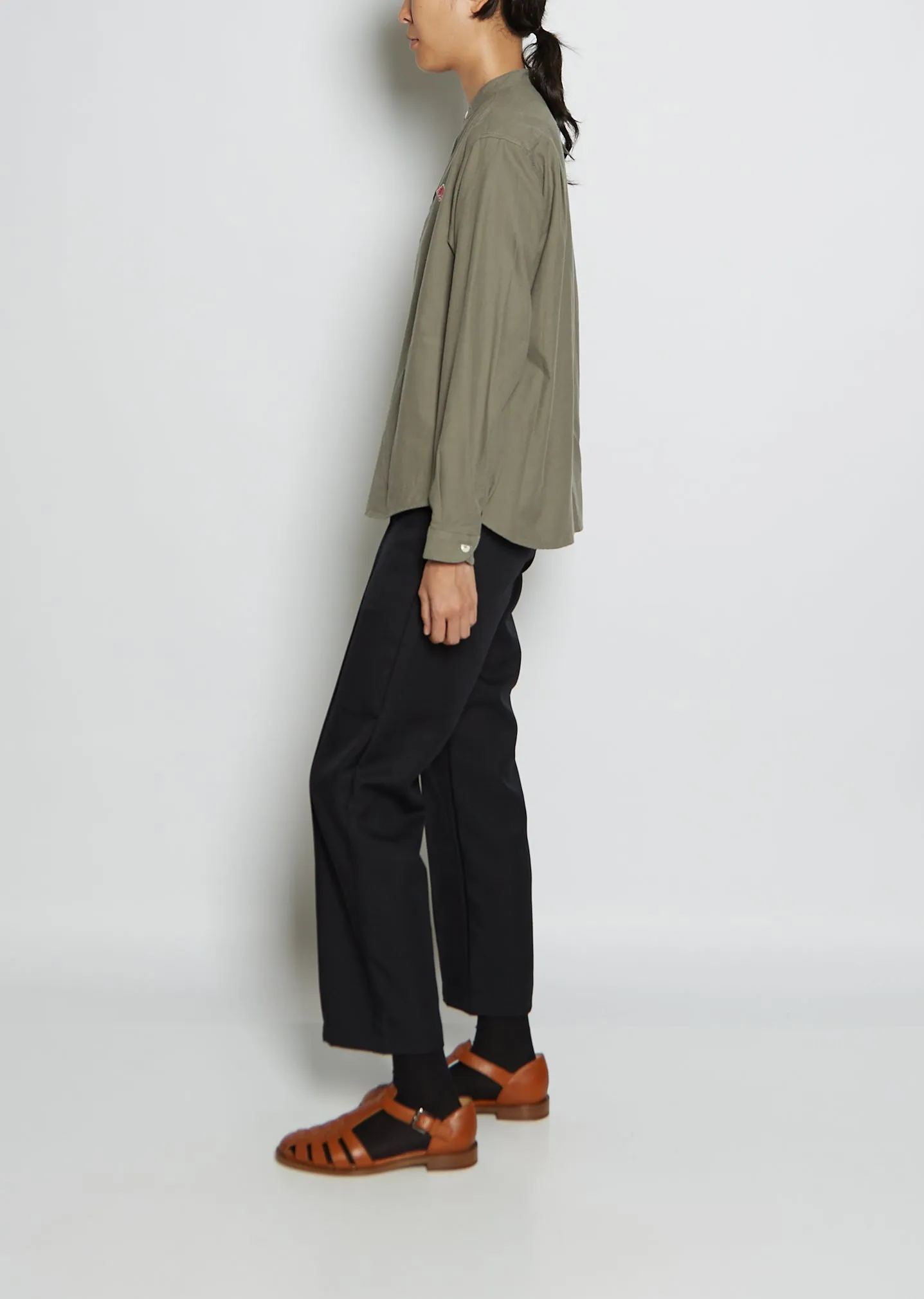Band Collar Cotton Twill Shirt — Olive Chambray