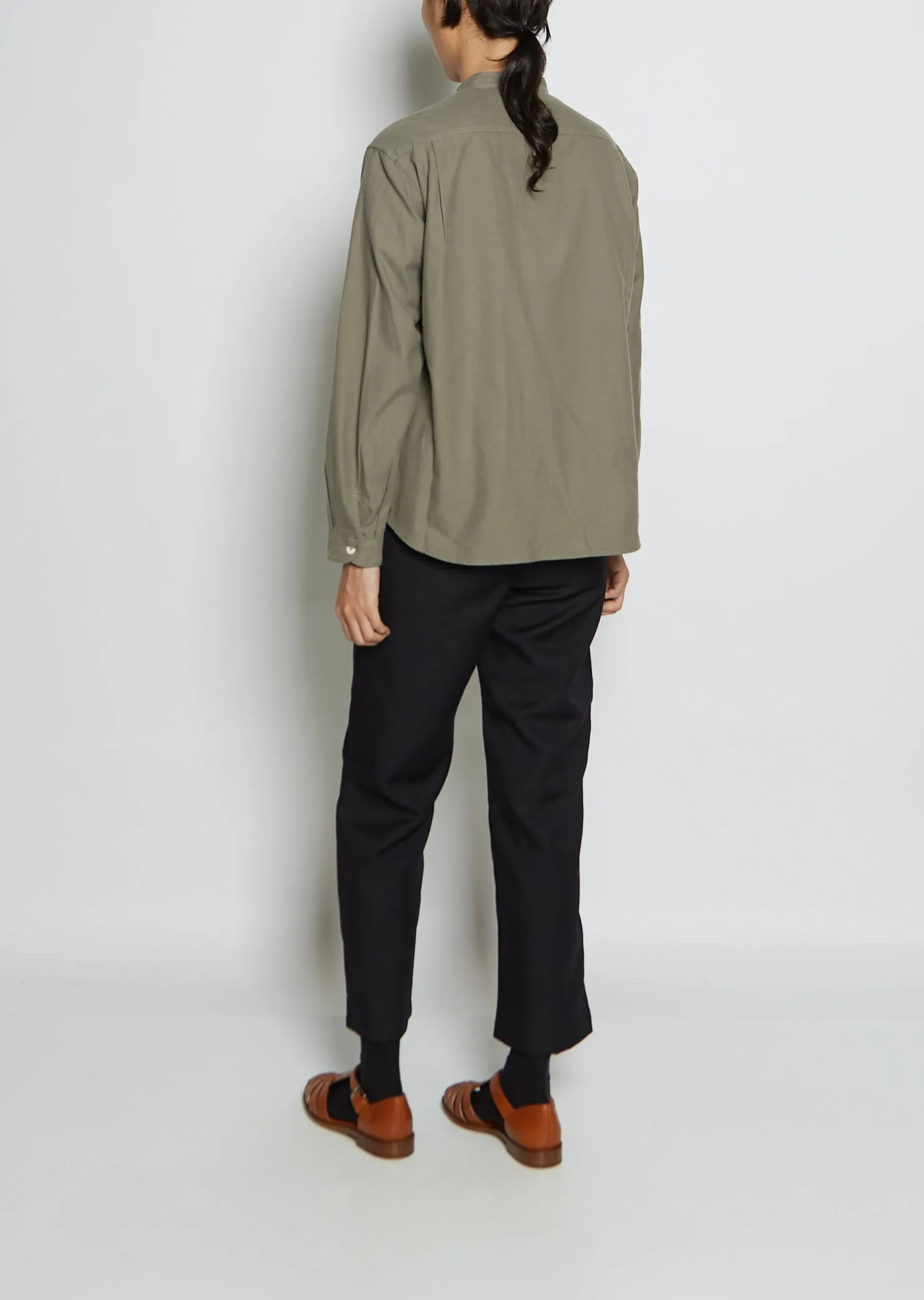 Band Collar Cotton Twill Shirt — Olive Chambray