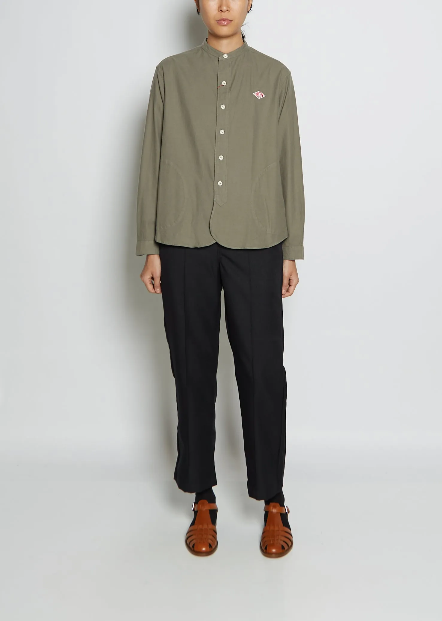 Band Collar Cotton Twill Shirt — Olive Chambray