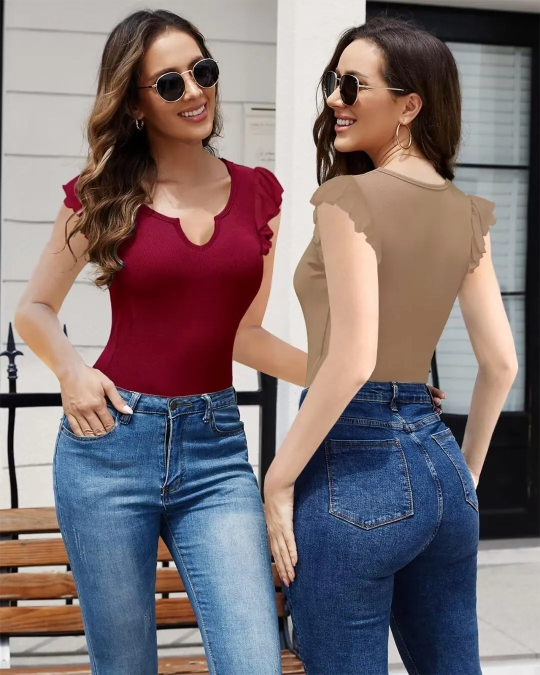 Basicspace Womens Summer Shirt Short Ruffle Sleeve V Notch Neck Ribbed Casual Tshirt Slim Fitted Tops Blouses