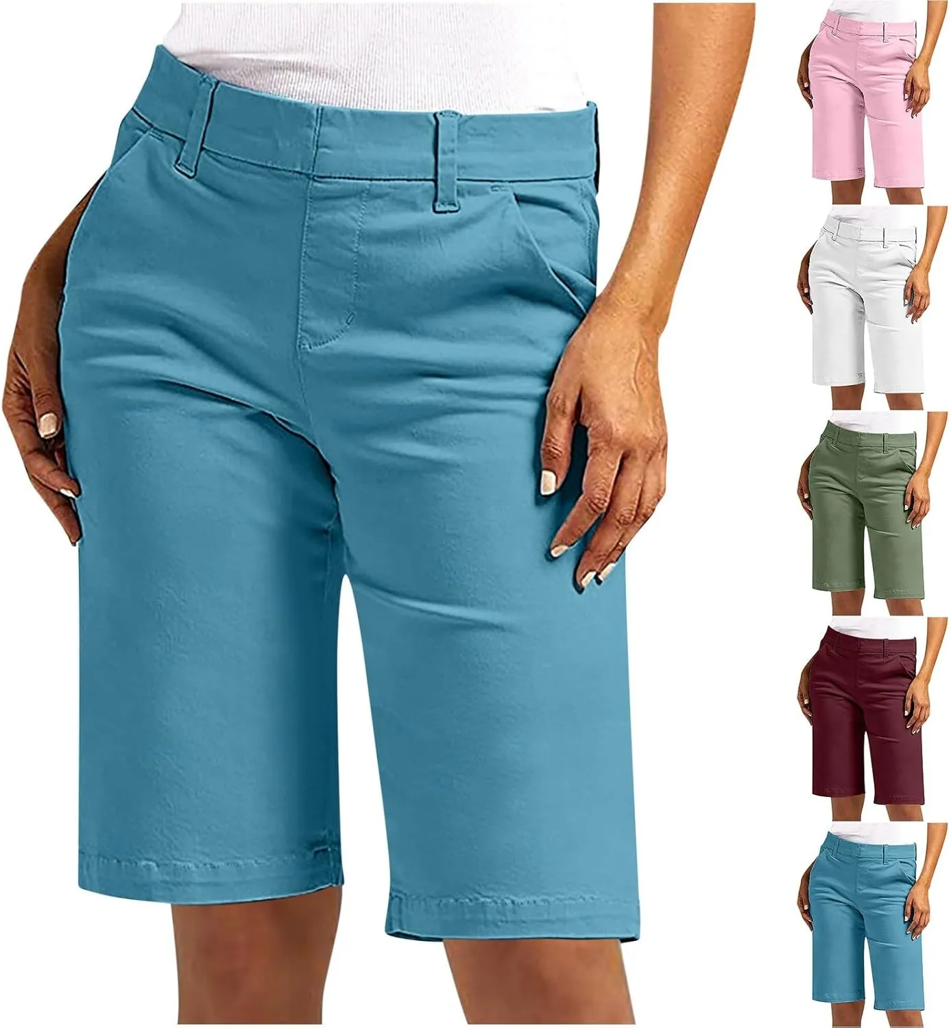 Bermuda Shorts for Women Stretchy Dressy Casual High Waisted Chino Short Pants Straight Leg with Pockets Hiking Outfits