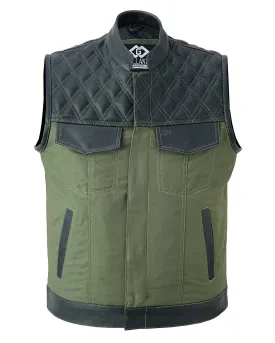 Black Leather & Olive Green Denim Combo Biker Diamond Gilet Vest