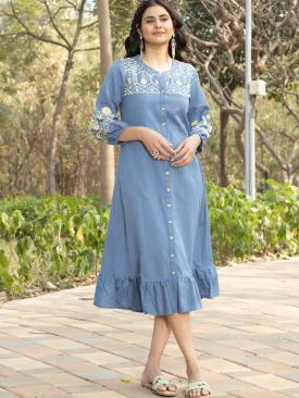 Blue Boho Midi Dress with Embroidered Details