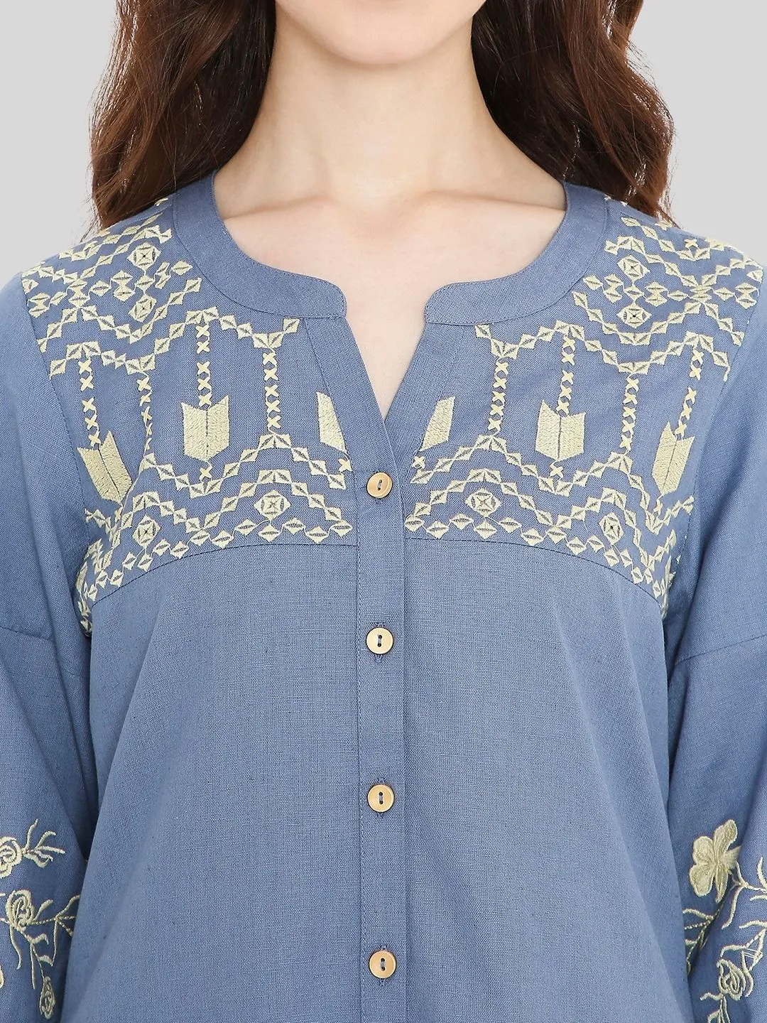 Blue Boho Midi Dress with Embroidered Details