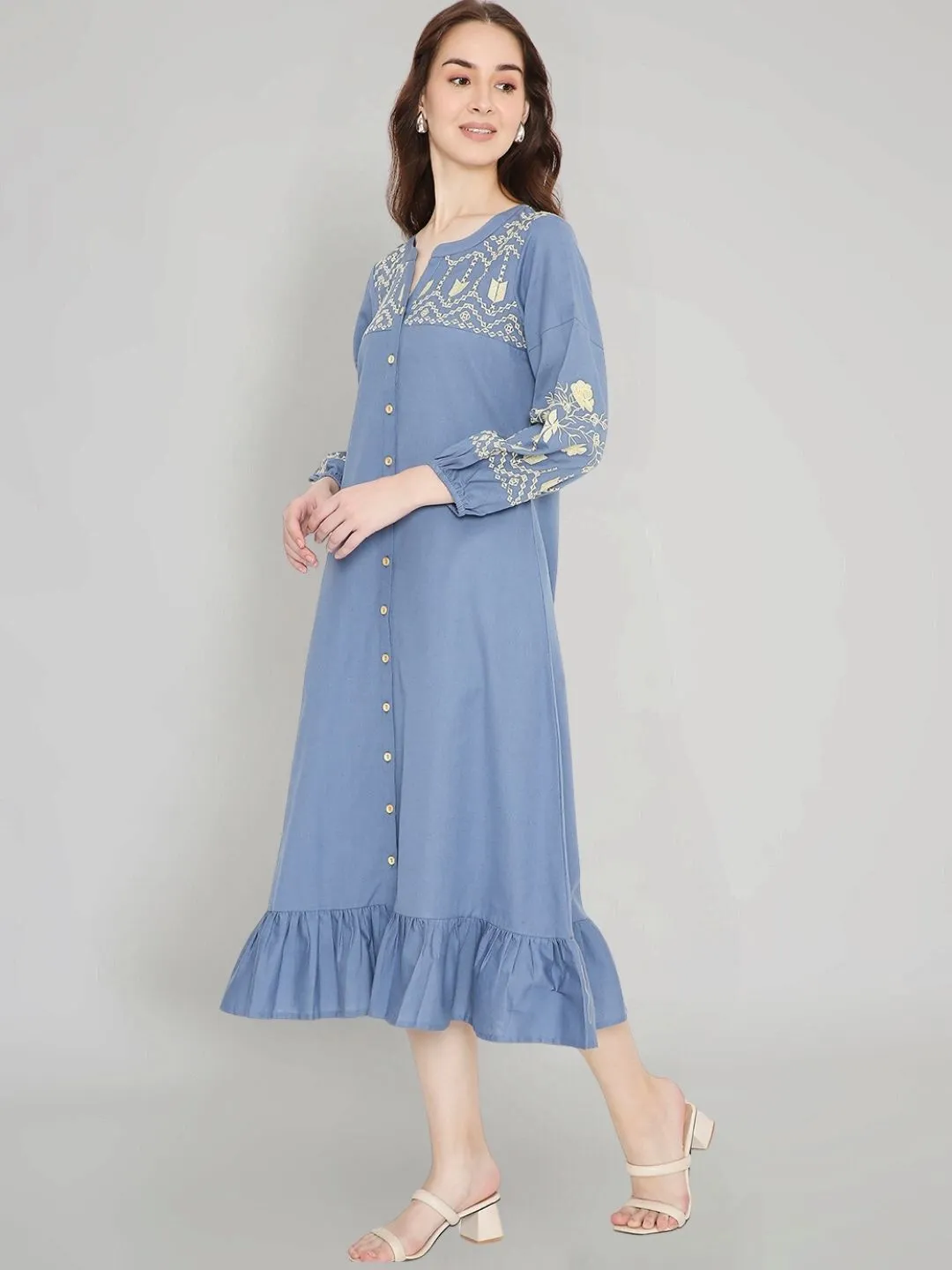 Blue Boho Midi Dress with Embroidered Details
