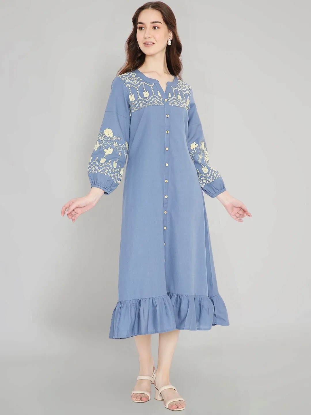 Blue Boho Midi Dress with Embroidered Details