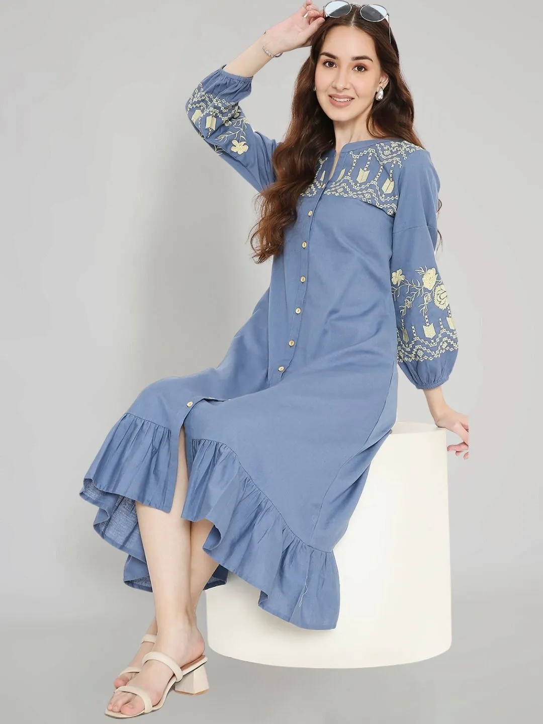 Blue Boho Midi Dress with Embroidered Details