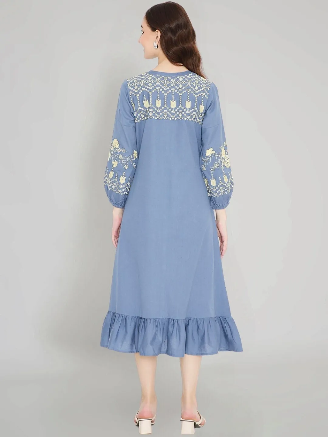 Blue Boho Midi Dress with Embroidered Details