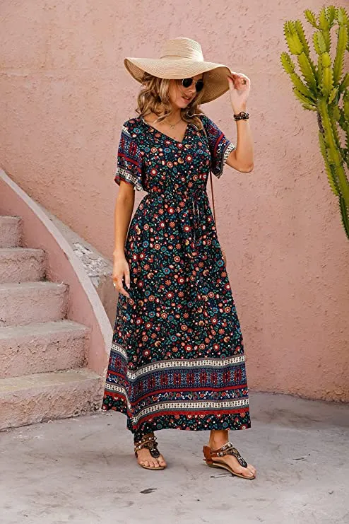 Blue Leadwort Red Summer Maxi Boho Beach Dress Floral Print Dress V Neck Short Sleeve Drawstring High Waist Flowy Long Midi Dresses - GRECERELLE