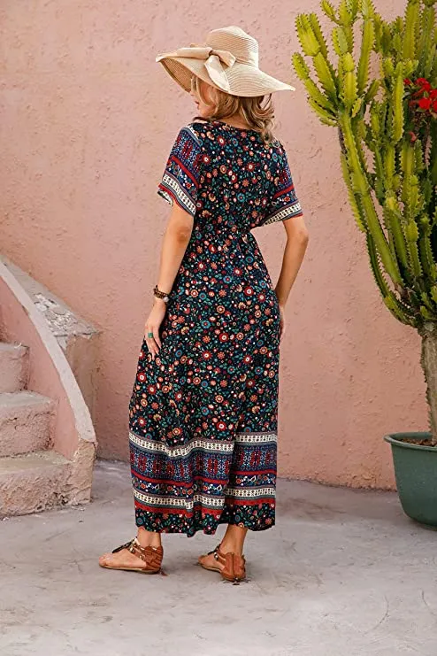 Blue Leadwort Red Summer Maxi Boho Beach Dress Floral Print Dress V Neck Short Sleeve Drawstring High Waist Flowy Long Midi Dresses - GRECERELLE