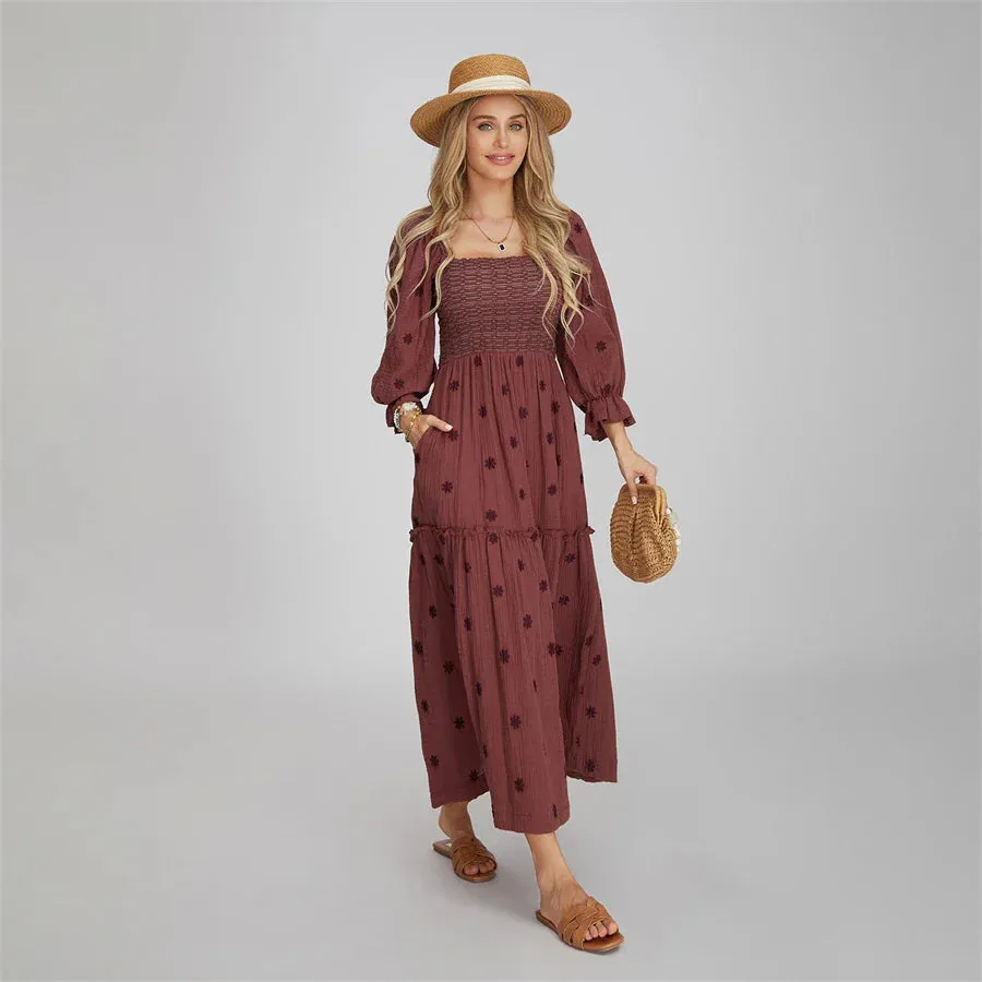 Boho Floral Embroidered Long Dress for Casual Weddings