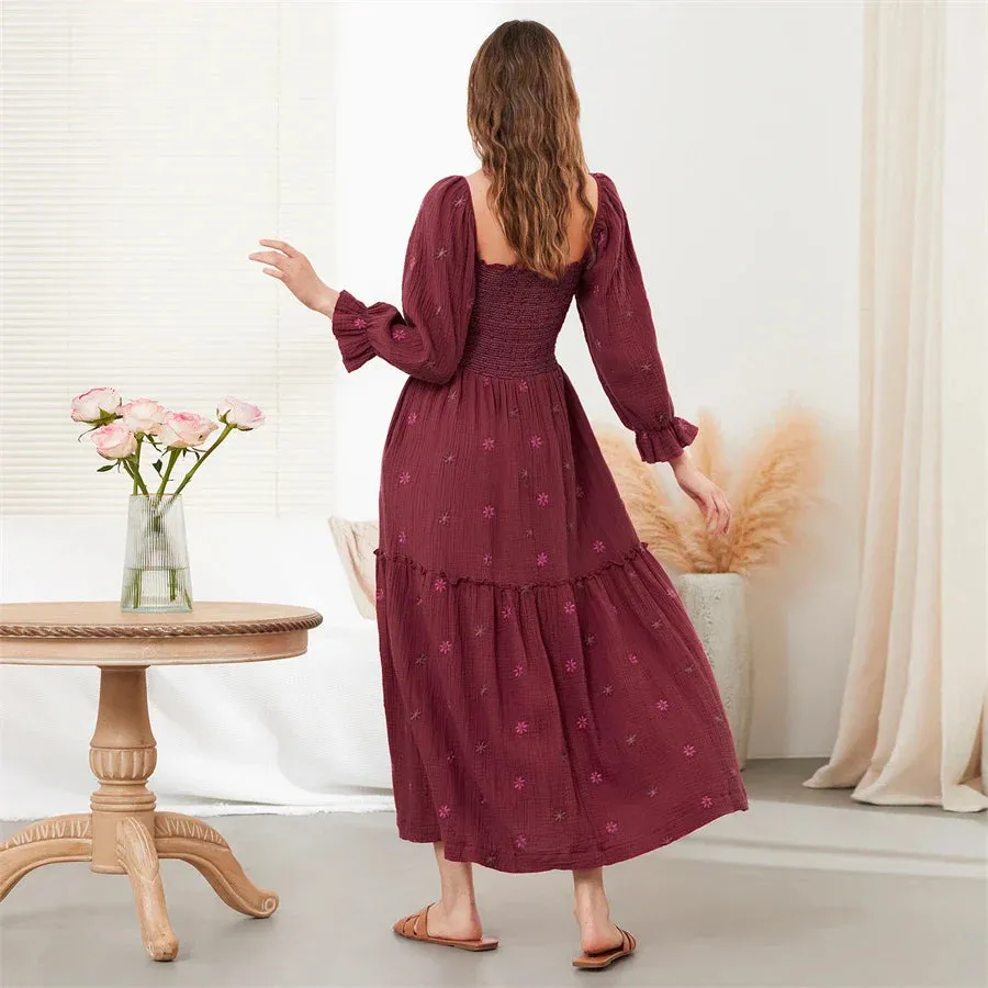 Boho Floral Embroidered Long Dress for Casual Weddings