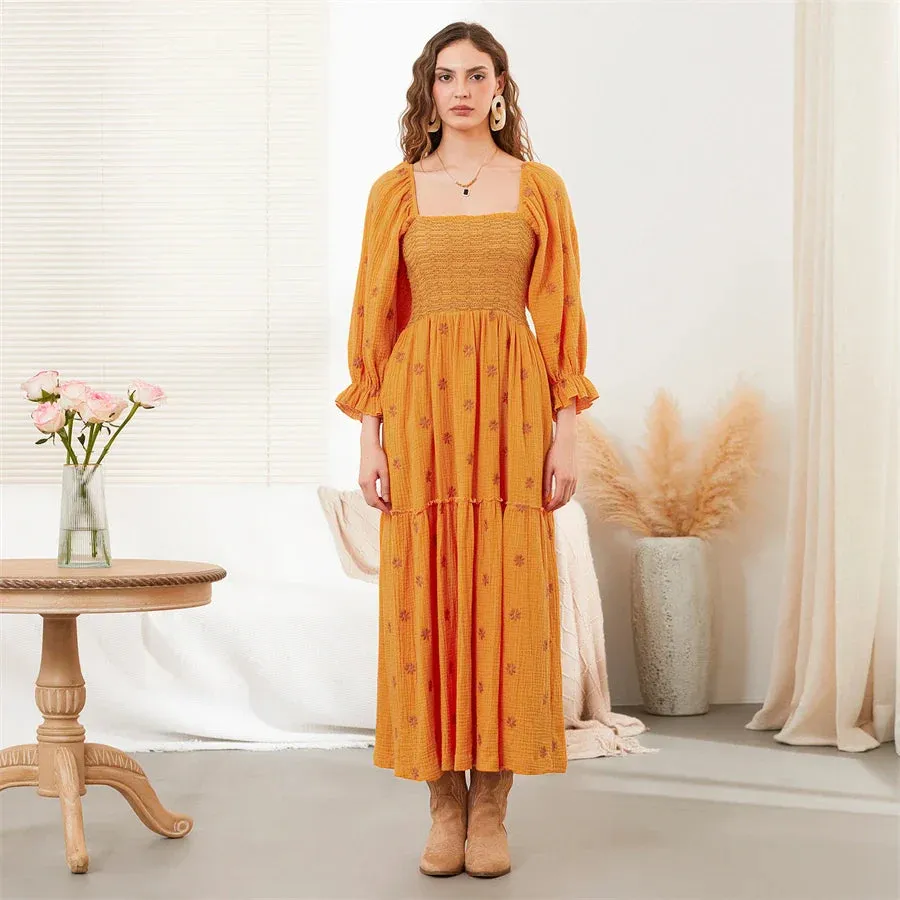 Boho Floral Embroidered Long Dress for Casual Weddings