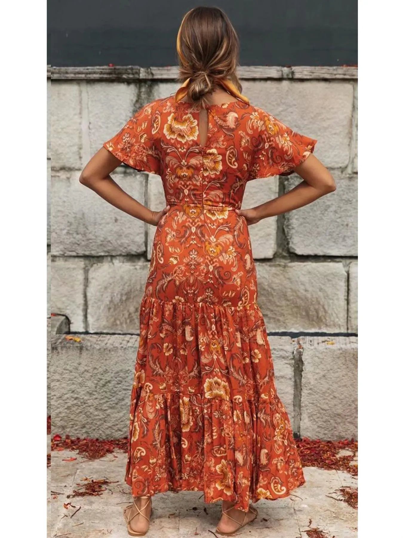 Boho V Neck Boho Midi Dress In Rusty
