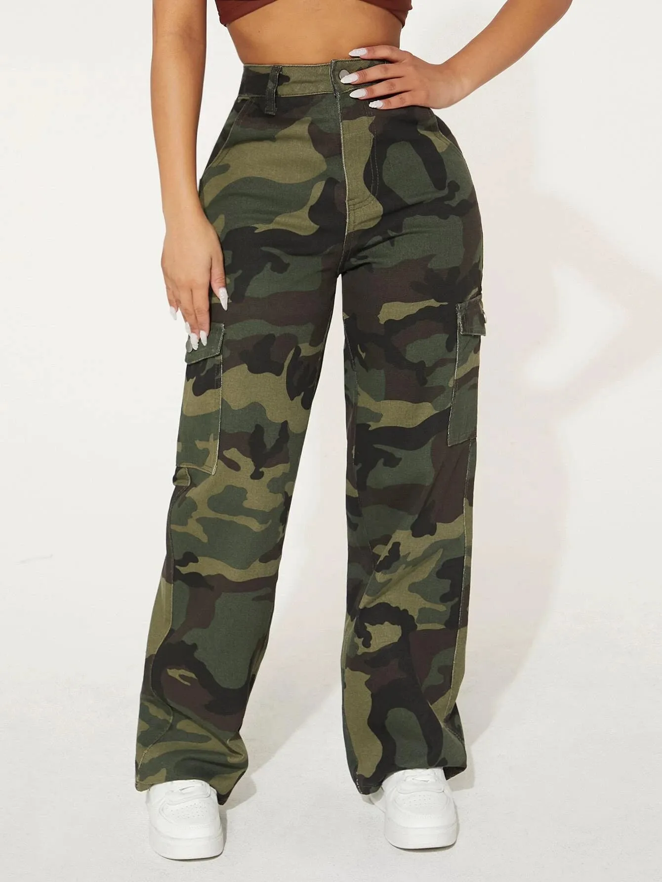 Camo Print Flap Pocket Side High Waist Cargo Jeans