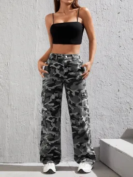 Camo Print Flap Pocket Side High Waist Cargo Jeans