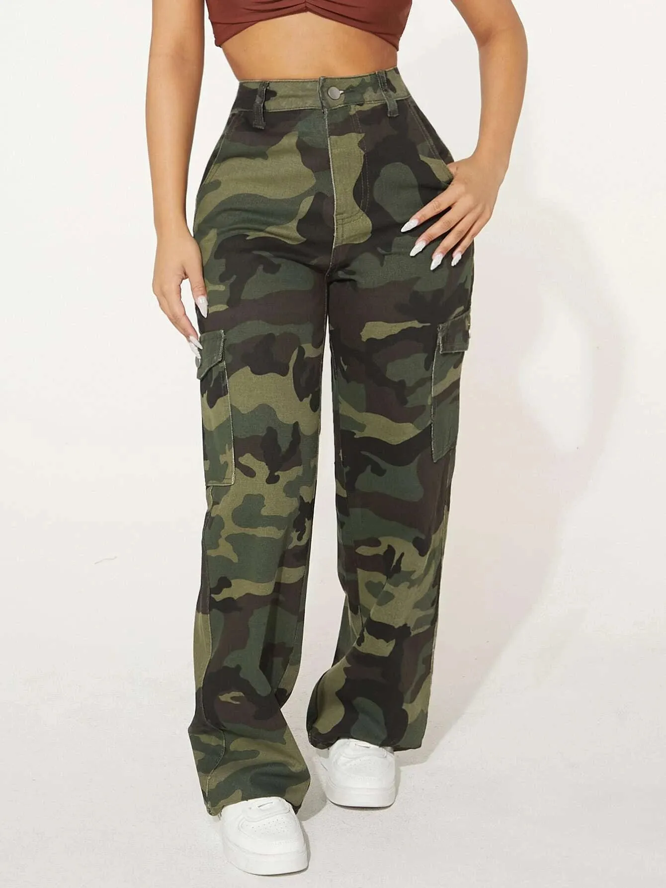 Camo Print Flap Pocket Side High Waist Cargo Jeans