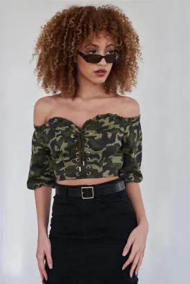 Camouflage Off The Shoulder Puff Sleeve Crop Top