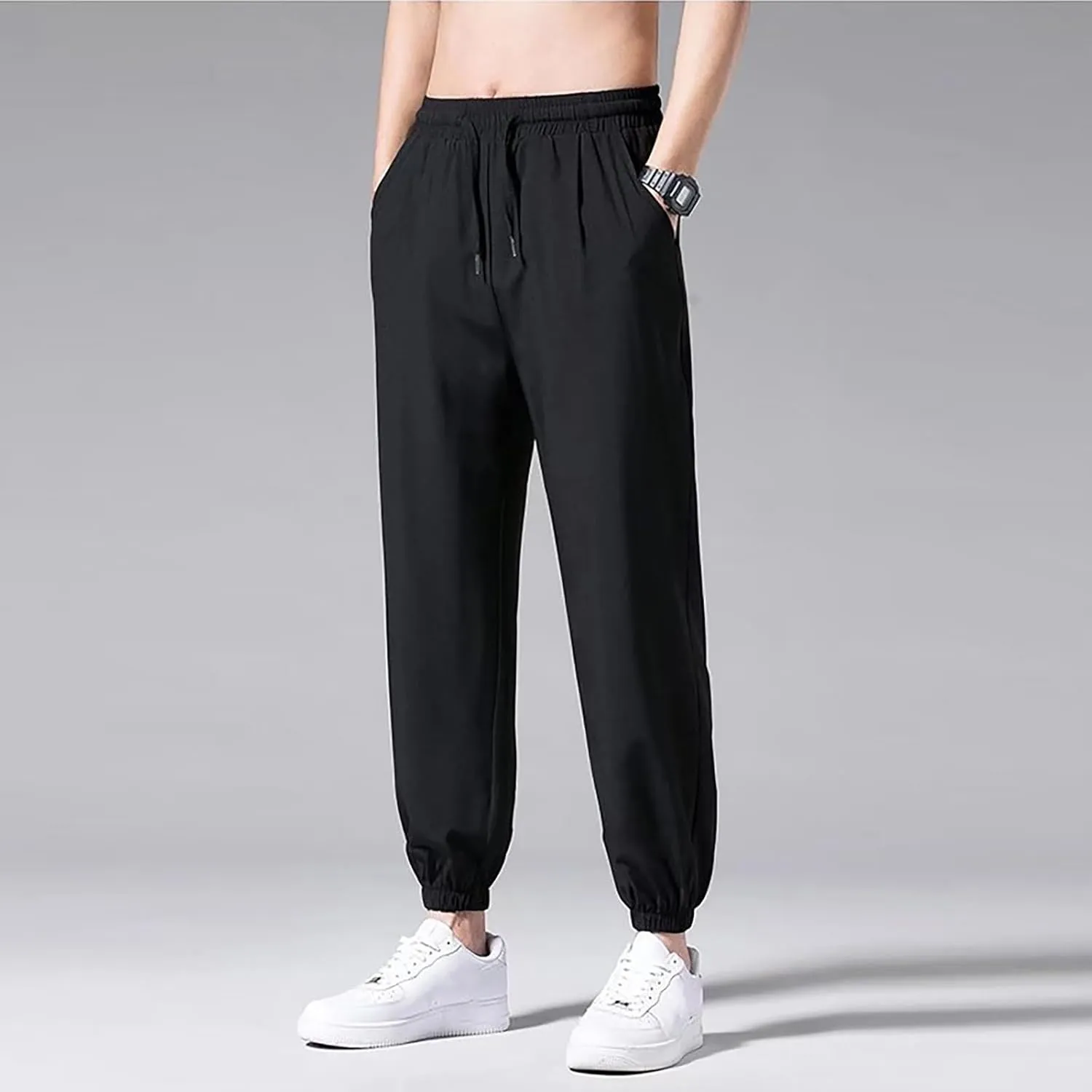 Cargo Joggers for Men Elastic Waist Sweatpant Tapered Hem Sport Gym Long Solid Color Straight Leg Pant