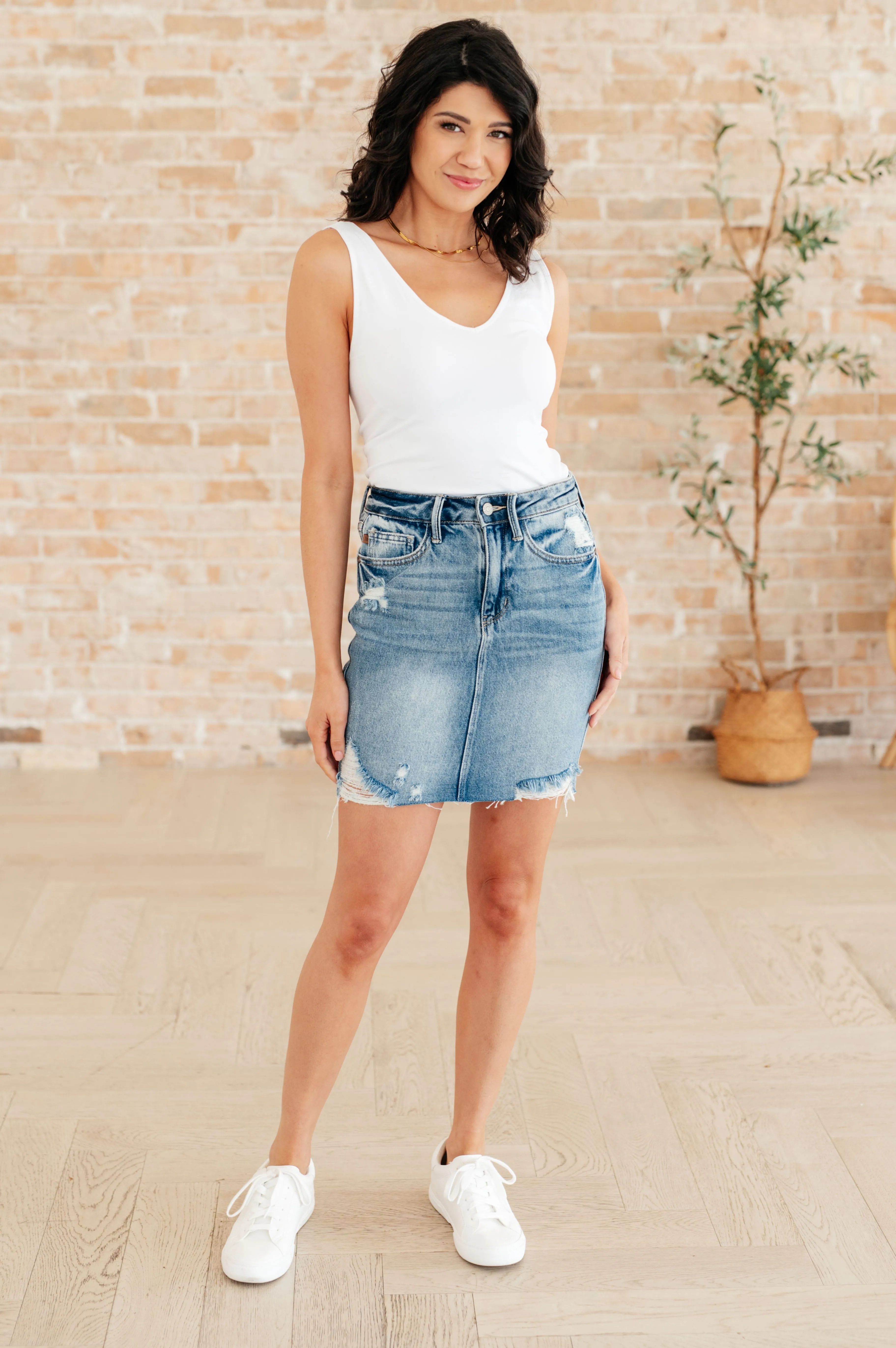 Carol High Rise Rigid Magic Denim Skirt - JUDY BLUE