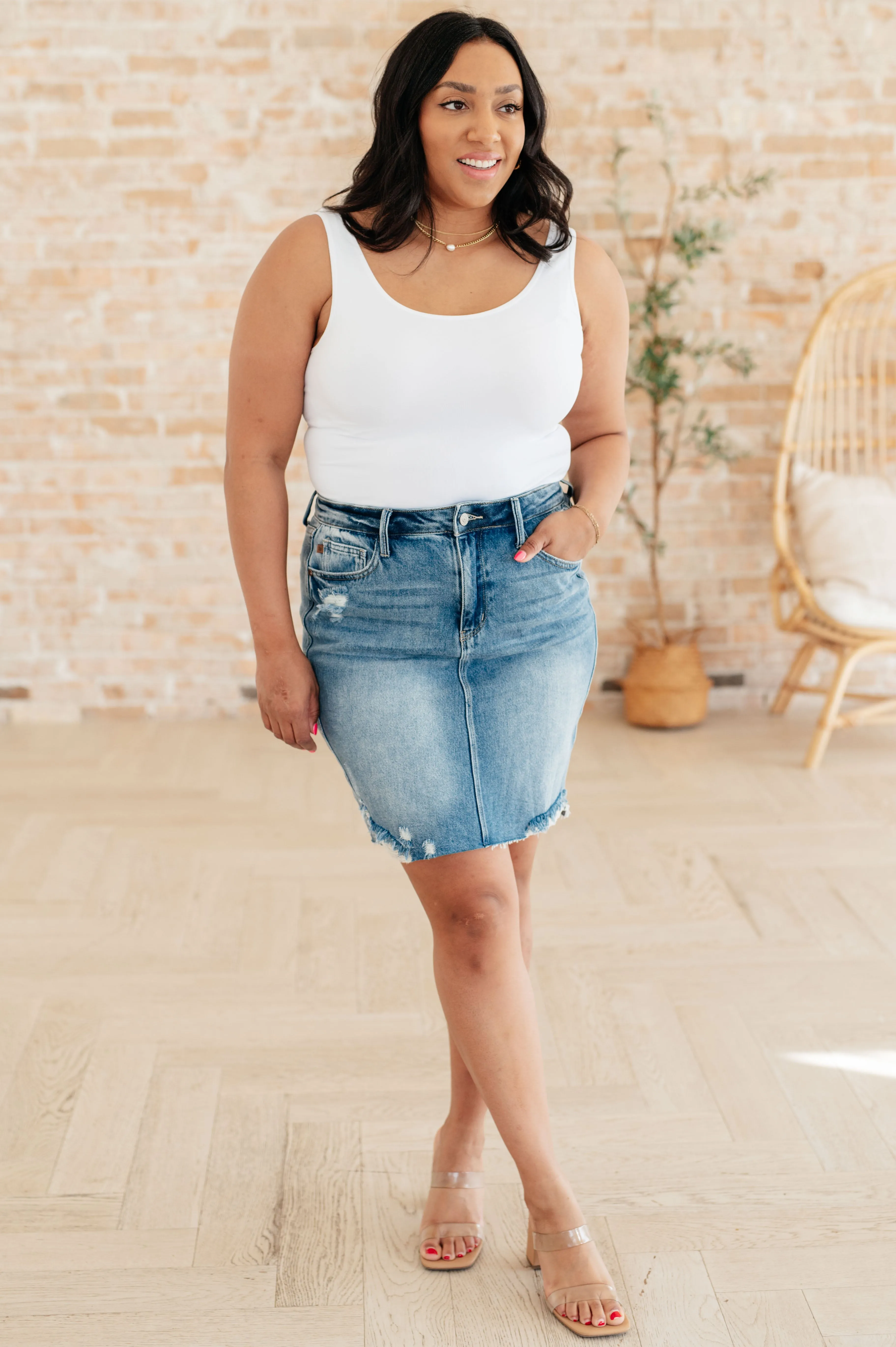 Carol High Rise Rigid Magic Denim Skirt - JUDY BLUE